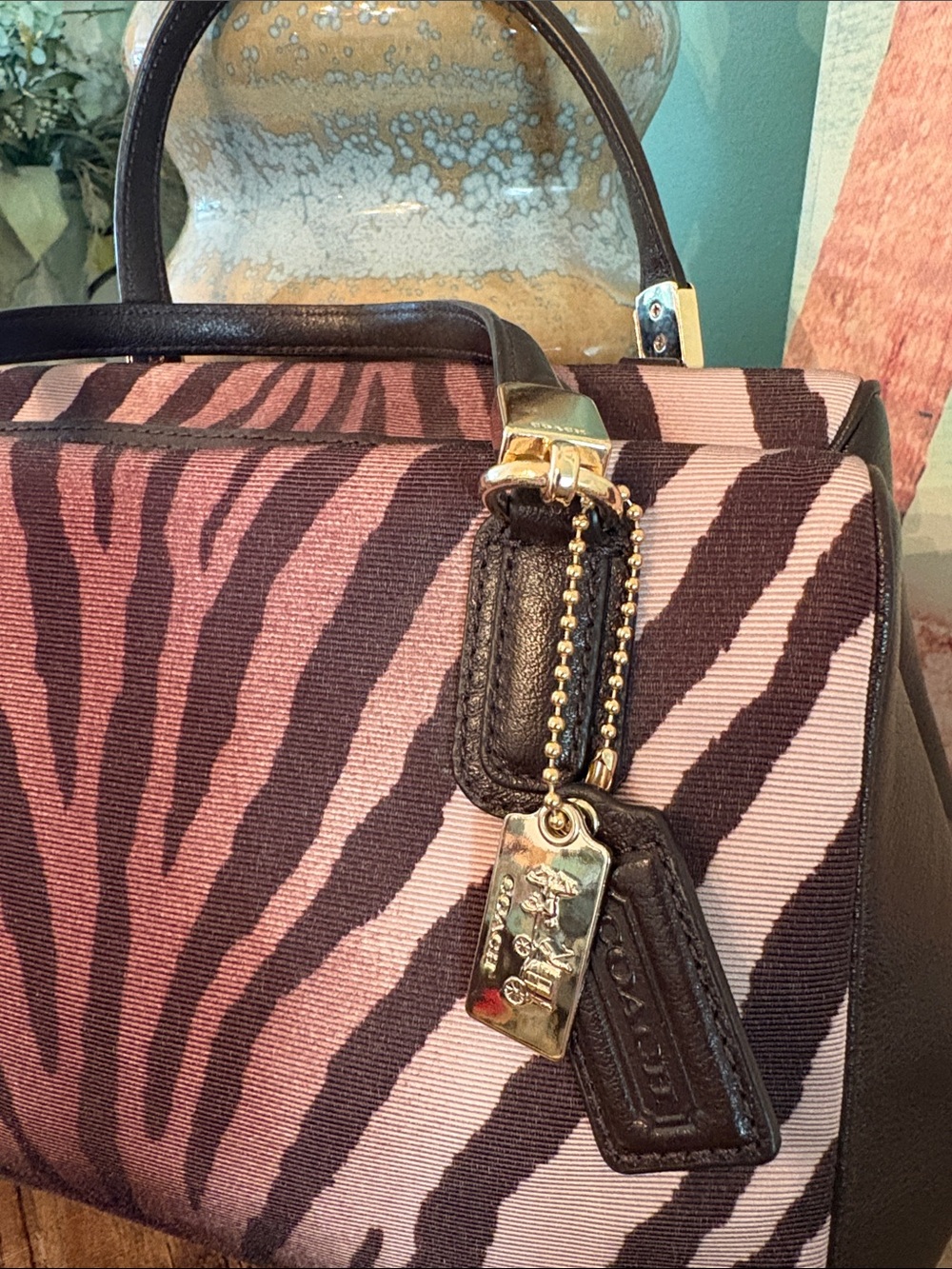 Rare COACH Tan and Brown Zebra-Print Satchel with Leather Trim like new - Picture 2 of 12